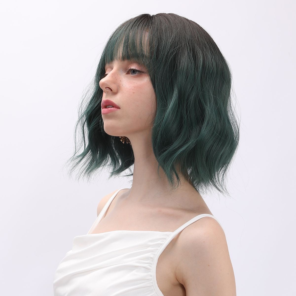 Short Wavy Emerald Green Bob with Bangs Synthetic Blend Wig