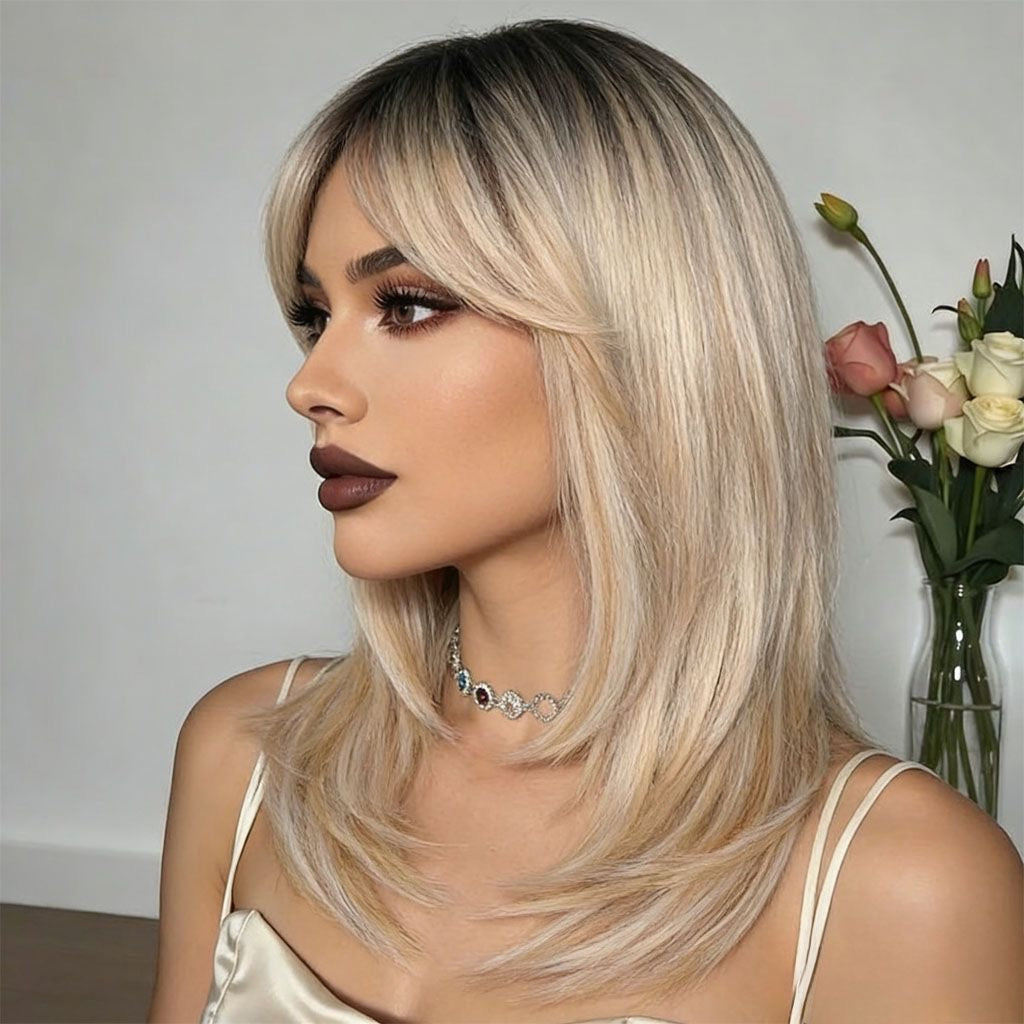 20' Blonde Curtain Bangs with Dark Roots Synthetic Blend Wig