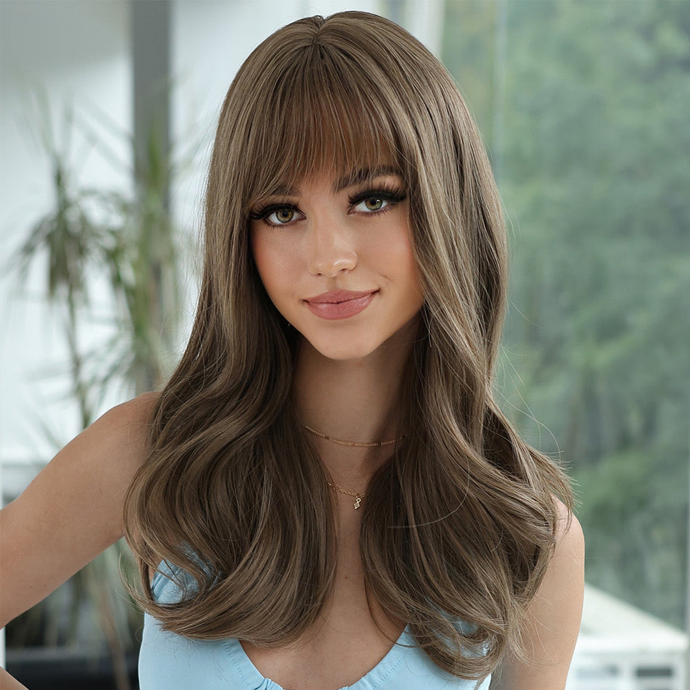 20' Light Brown Wavy Wig with Bangs – Synthetic Blend