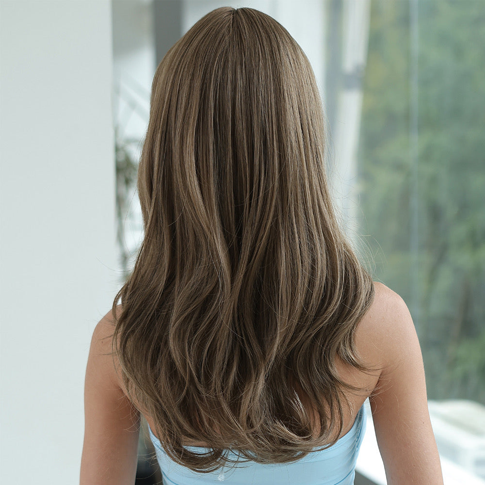 20' Light Brown Wavy Wig with Bangs – Synthetic Blend