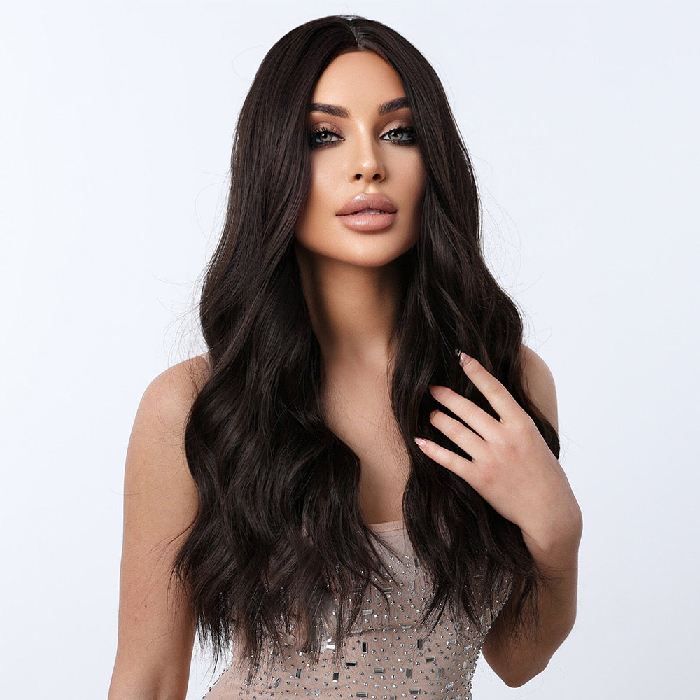 Long Dark Brown Wavy Synthetic Blend Wig