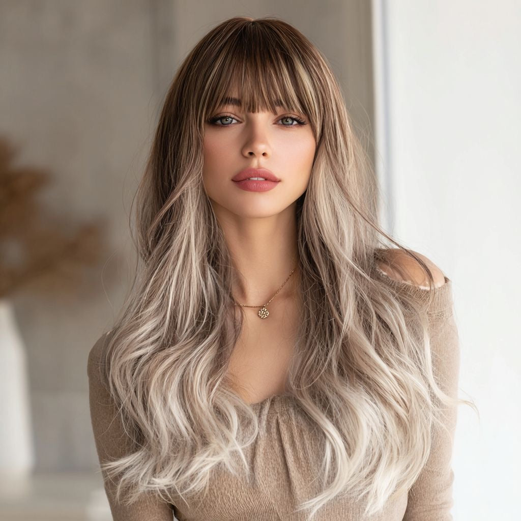 Long Blonde and Brown Highlighted Wavy Synthetic Blend Wig with Bangs