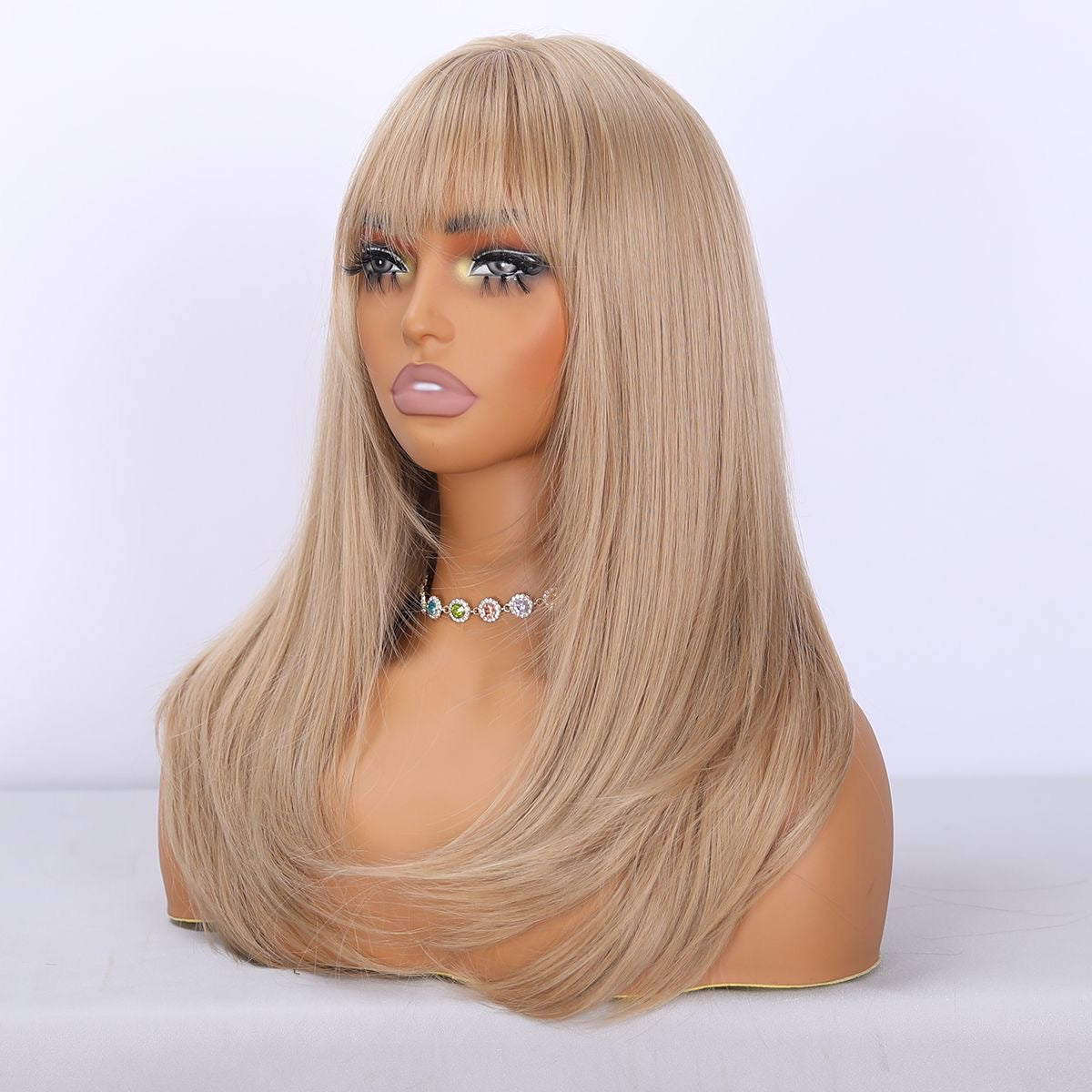 20" Warm Toned Blonde Synthetic Blend Wig with Layered Bangs