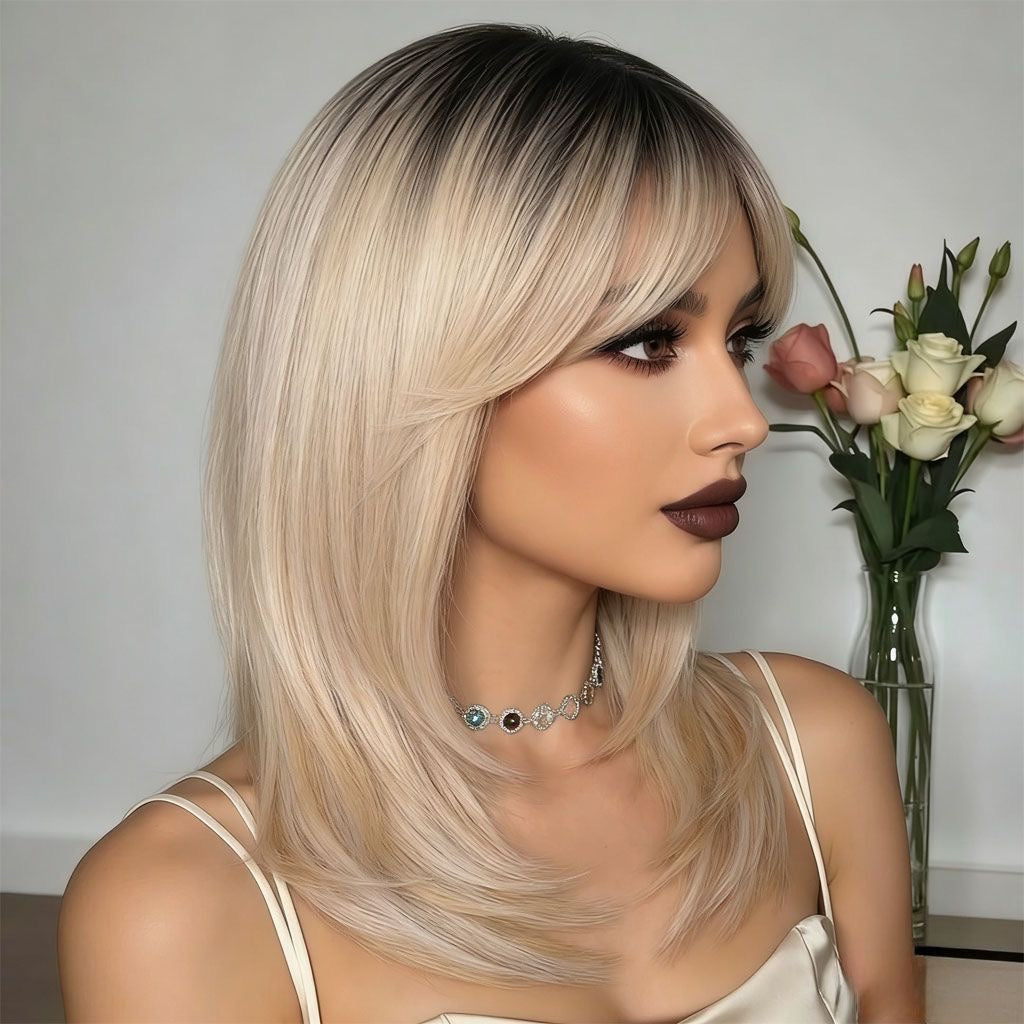 20' Blonde Curtain Bangs with Dark Roots Synthetic Blend Wig